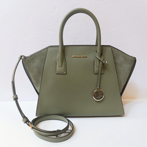 Michael Kors Avril Large Top Zip Satchel Shoulder Leather Bag Army Green - Picture 5 of 13